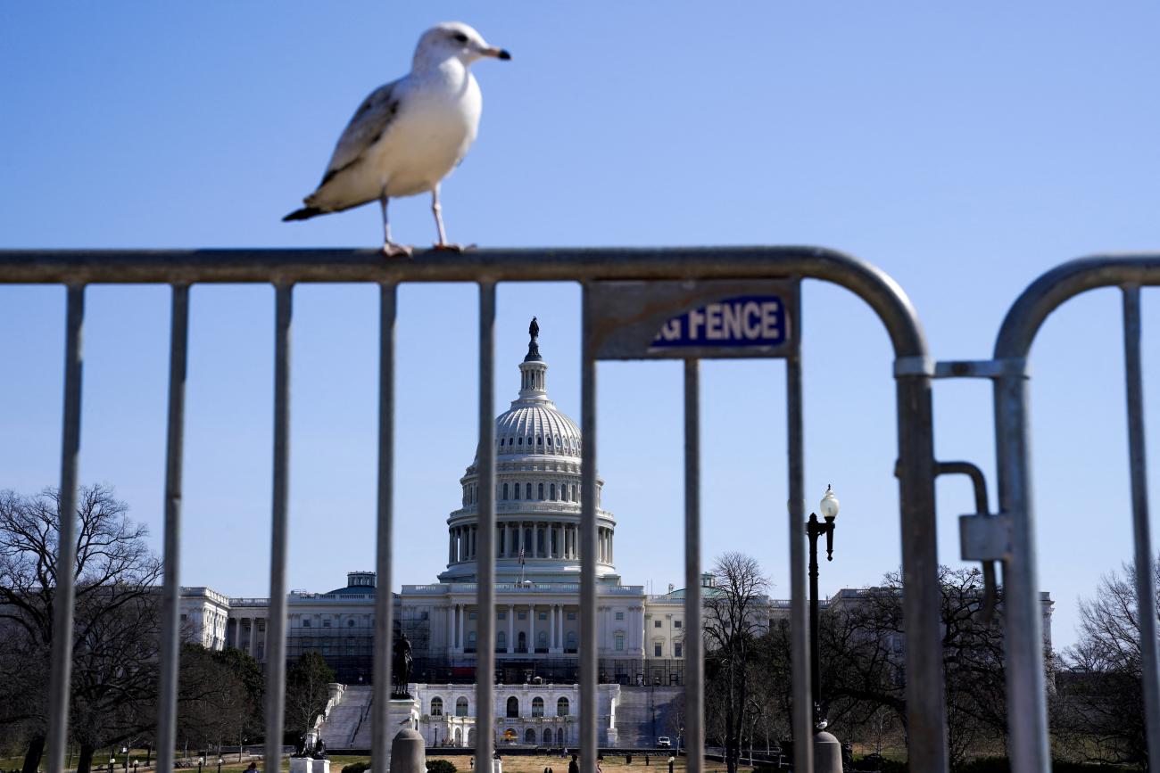 A seagull sits on a barricade and the dome of the U.S. Capitol building can be seen looming in the background, prior to the arrival of several convoys of truckers and others who plan to protest COVID-related mandates, in Washington, DC, on March 5, 2022. 