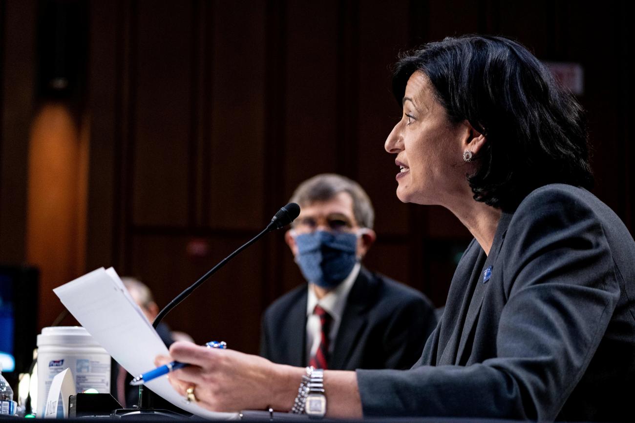 Dr. Rochelle Walensky is photographed giving a speech at a desk at t a U.S. Senate Health, Education, Labor, and Pensions Committee hearing to examine the COVID-19 response, focusing on an update from federal officials, on Capitol Hill in Washington, U.S., March 18, 2021.