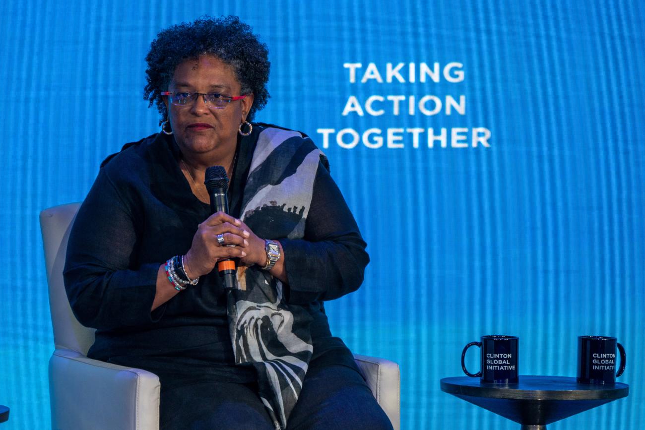 Prime Minister of Barbados Mia Mottley speaks during the Clinton Global Initiative meeting in New York, on September 19, 2022. 