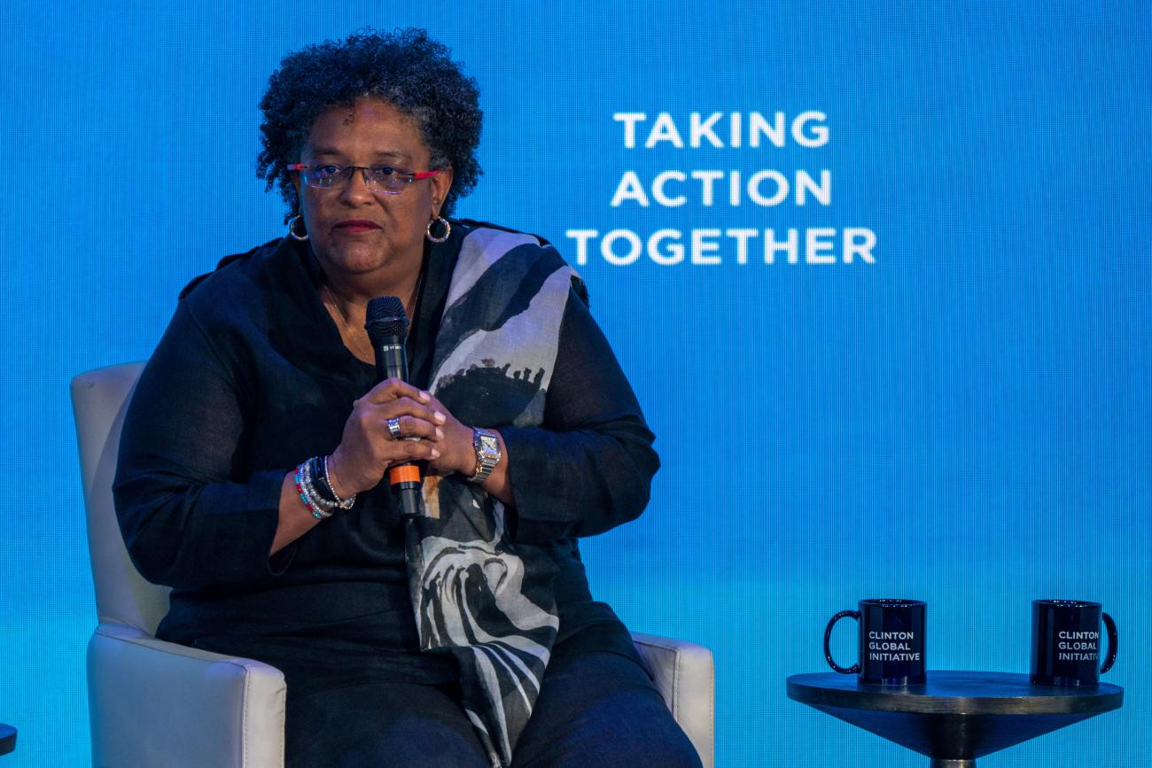Prime Minister of Barbados Mia Mottley speaks during the Clinton Global Initiative meeting in New York, on September 19, 2022.