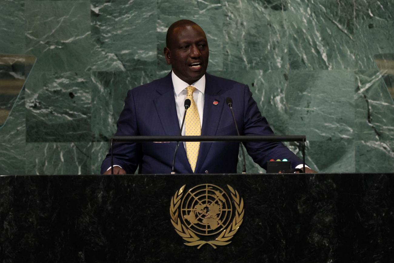 Kenya's President William Samoei Ruto stands at a podium and addresses the 77th Session of the United Nations General Assembly at UN Headquarters in New York City, on September 21, 2022.