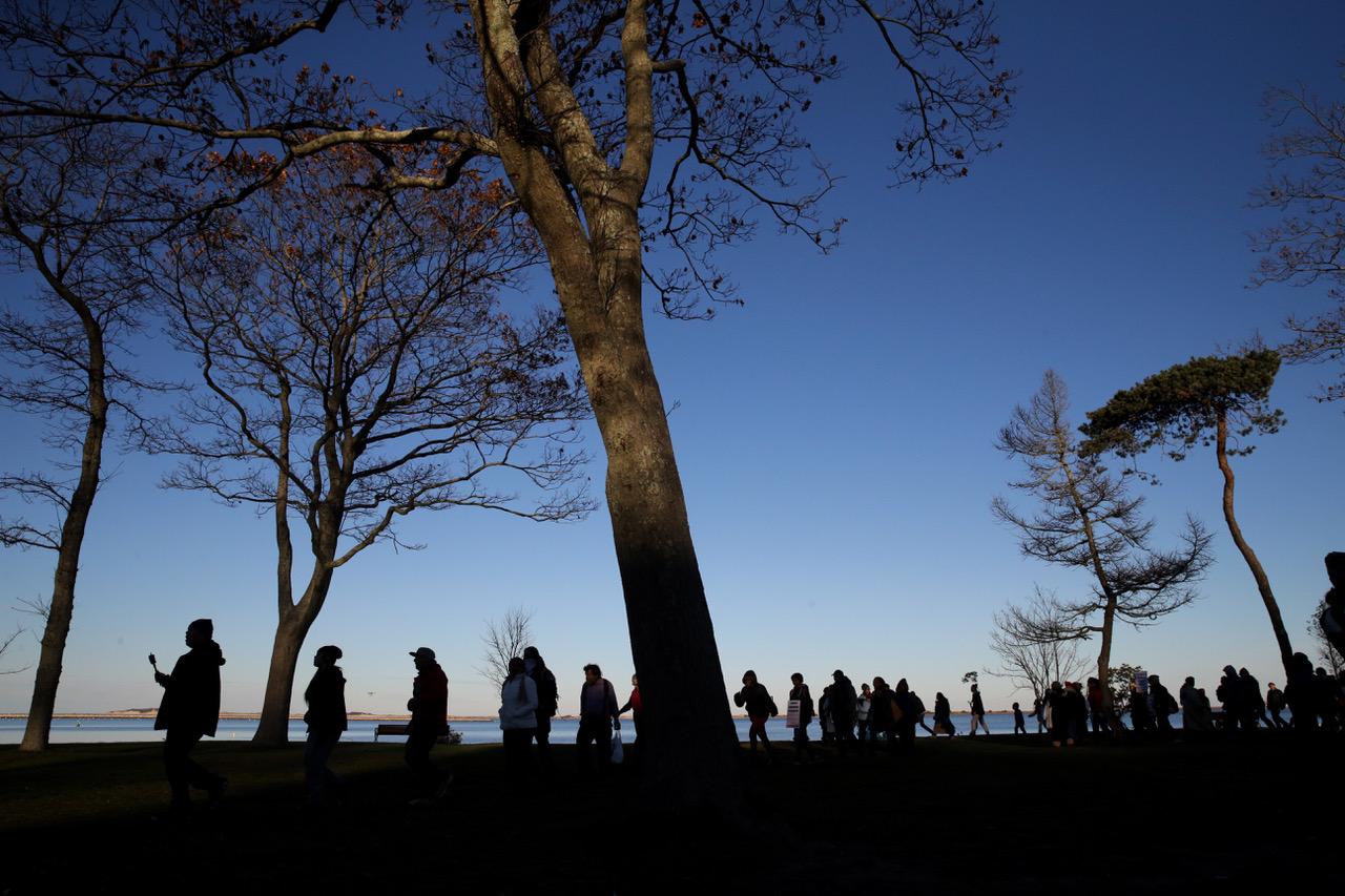 Marchers perform a Stomp Dance in Pilgrim Memorial State Park during the 48th National Day of Mourning in Plymouth, MA on Nov 23, 2017.