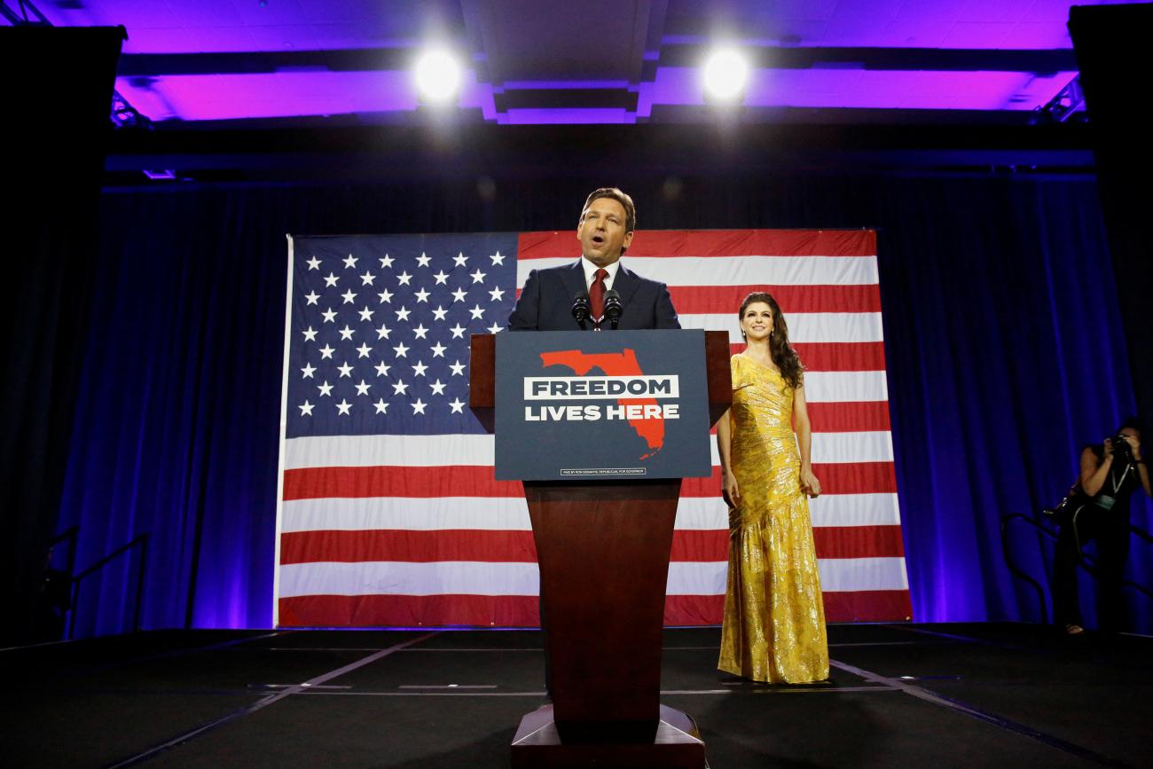 Republican Florida Governor Ron DeSantis speaks with his wife Casey at his side during his 2022 U.S. midterm elections night party in Tampa, Florida, U.S., November 8, 2022