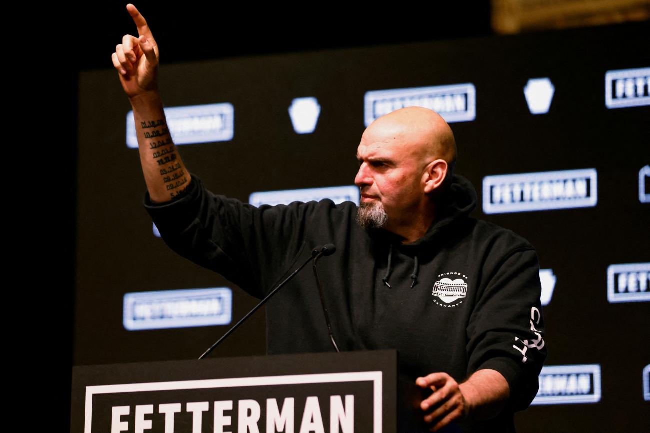 Pennsylvania Lieutenant Governor and U.S. Senate candidate John Fetterman speaks to his crowd of supporters during his 2022 U.S. midterm election night party in Pittsburgh, Pennsylvania, U.S., November 9, 2022.