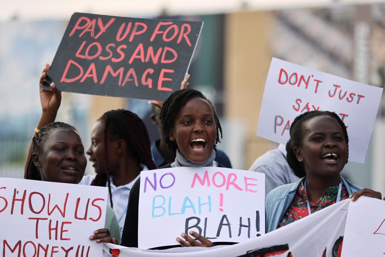 Climate activists take part in a protest during the COP27 climate summit, in Sharm el-Sheikh, Egypt, on November 17, 2022.