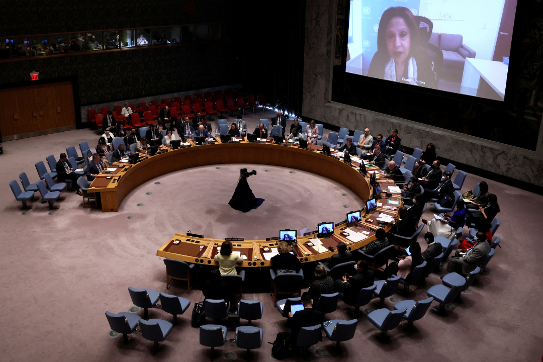 Special Representative on Sexual Violence in Conflict Pramila Patten is seen on a video screen as she addresses a meeting of the United Nations Security Council about the Russian war in Ukraine at UN headquarters in New York City, New York, on June 6, 2022. REUTERS/Mike Segar