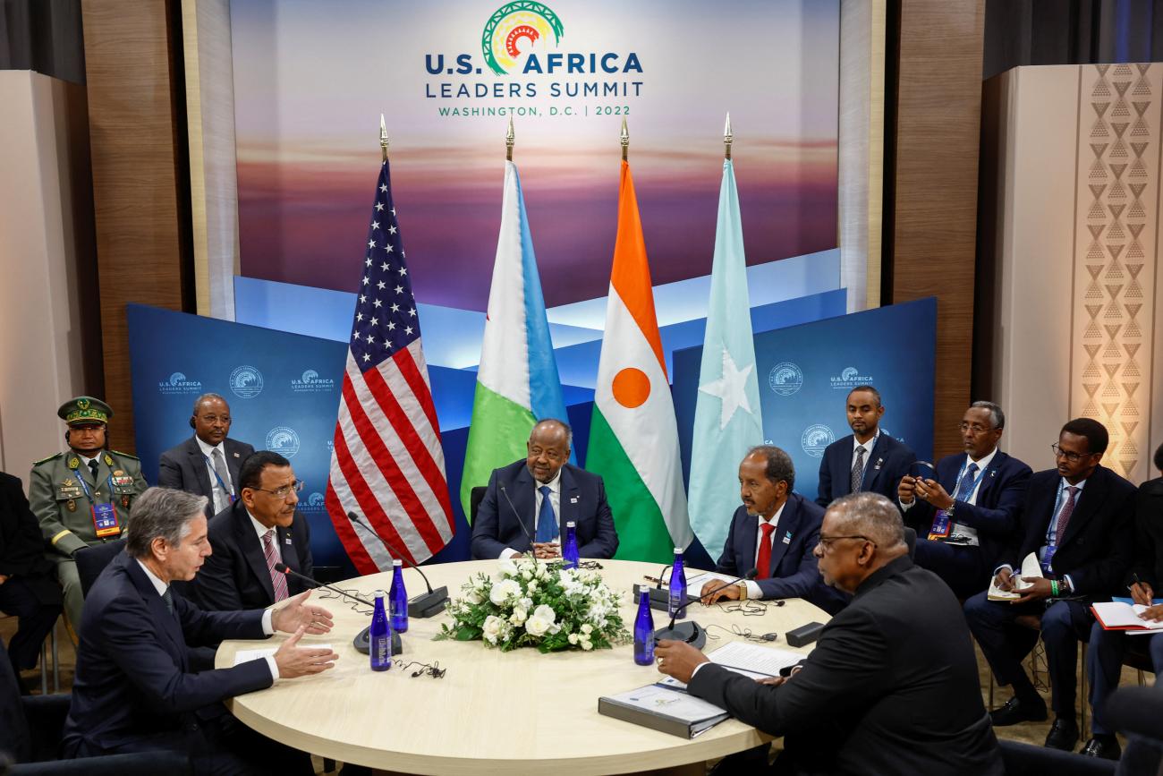 U.S. Secretary of State Antony Blinken and U.S. Defense Secretary Lloyd Austin meet with Djibouti's President Ismail Omar Guelleh, Somalia's President Hassan Sheikh Mohamud and Niger's President Mohamed Bazoum during the U.S.-Africa Leaders Summit 2022 in Washington, U.S., December 13, 2022.
