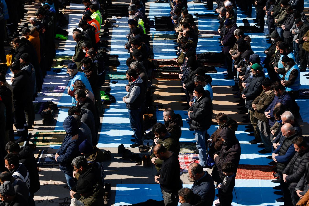 People attend Friday prayers following the deadly earthquake in Kahramanmaras, Turkey February 17, 2023.