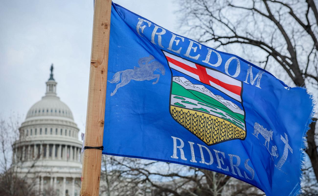 A flag flies from a solo truck from the "The People’s Convoy" outside the U.S. Capitol on March 10, 2022.