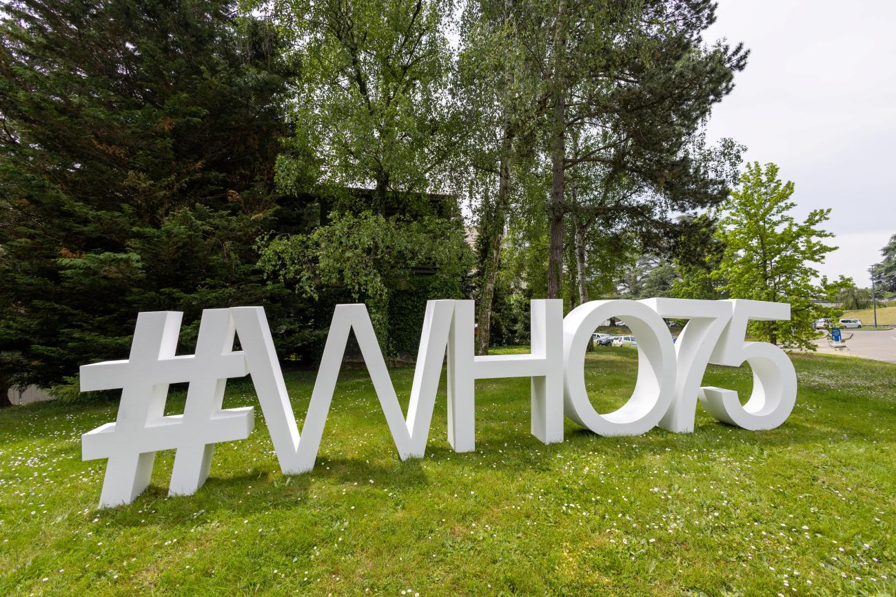 A sign is seen at the start of the World Health Assembly at the United Nations, in Geneva, Switzerland, on May 21, 2023.