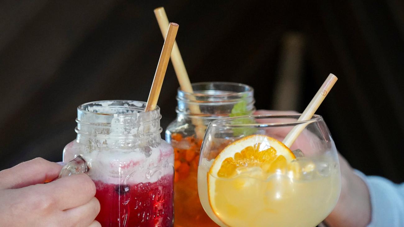 Cocktails are served with straws made of reed in Kuressaare, Estonia, on March 8, 2021. 