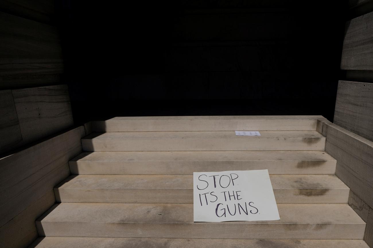 Protest signs litter the steps of the Tennessee State Capitol following a demonstration to call for an end to gun violence and support stronger gun laws after a deadly shooting at the Covenant School in Nashville, Tennessee, on March 30, 2023.