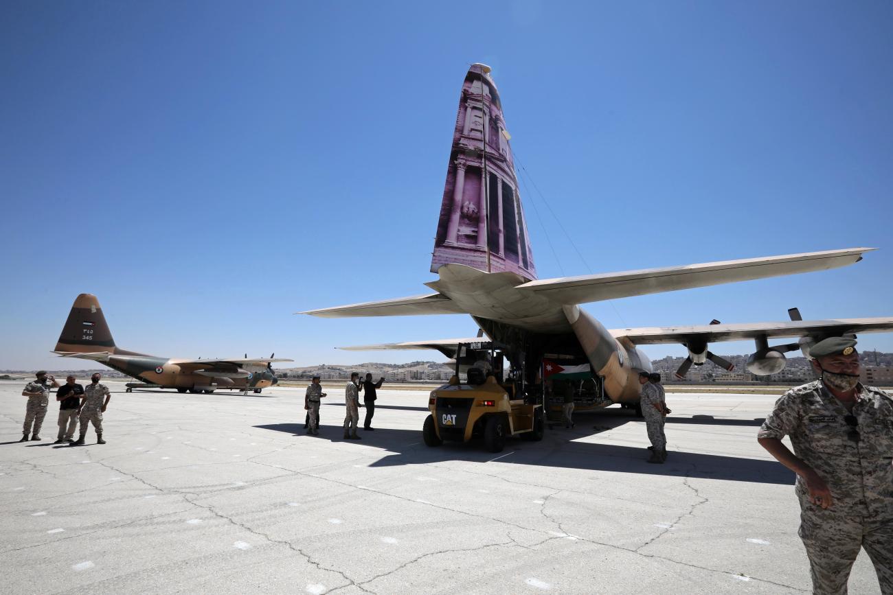 Field hospital medical equipment is loaded into a plane to be sent to Beirut to provide medical support following Tuesday's blast, at Marka Military Airport, in Amman, Jordan August 6, 2020.