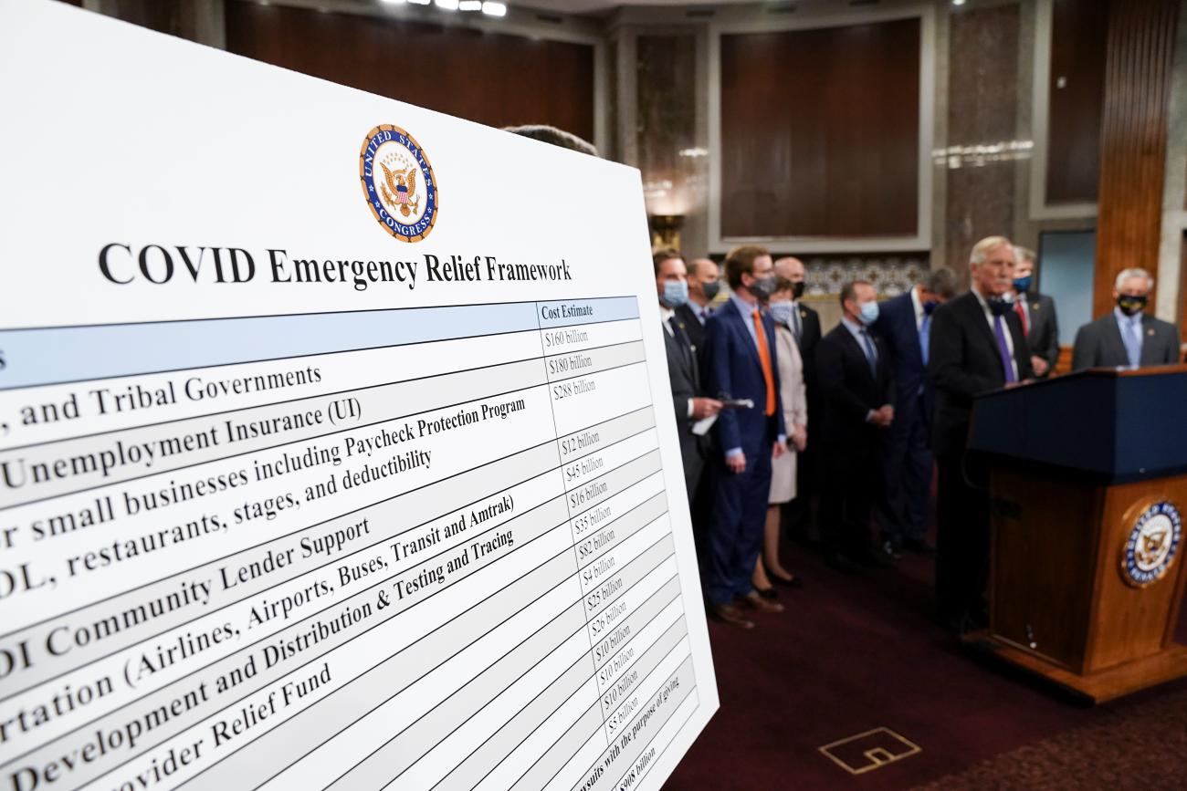 A display is seen as bipartisan members of the Senate and House gather to announce a framework for fresh coronavirus disease (COVID-19) relief legislation at a news conference on Capitol Hill in Washington on December 1, 2020.