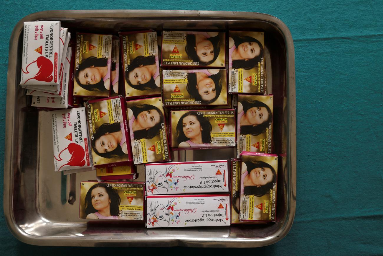 Pills and injections used as female contraceptive methods are seen on a table at the community health centre in Bahadurganj subdivision of Kishanganj district, Bihar, India, March 21, 2023.