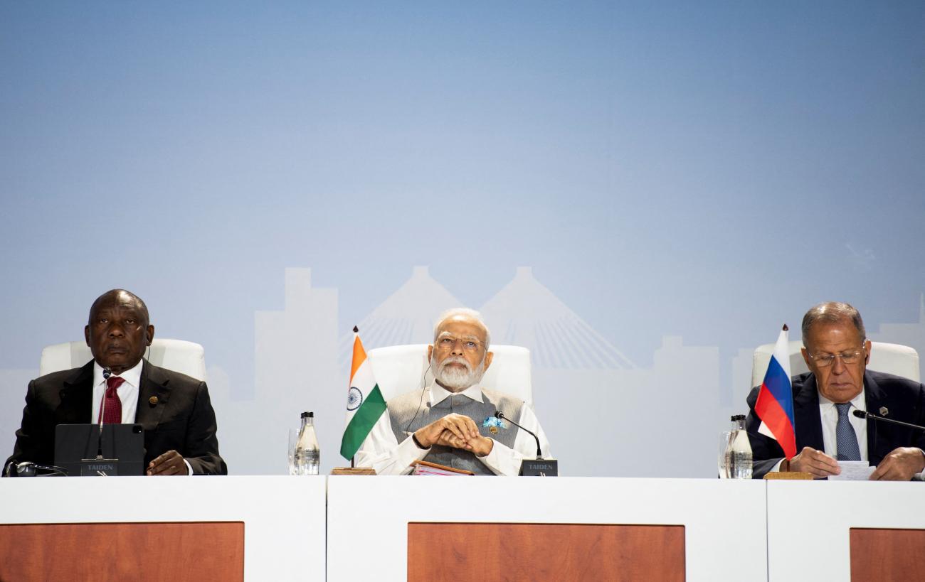 South Africa's President Cyril Ramaphosa, India's Prime Minister Narendra Modi, and Russia's Foreign Minister Sergei Lavrov attend a press conference at the BRICS Summit, August 24, 2023.