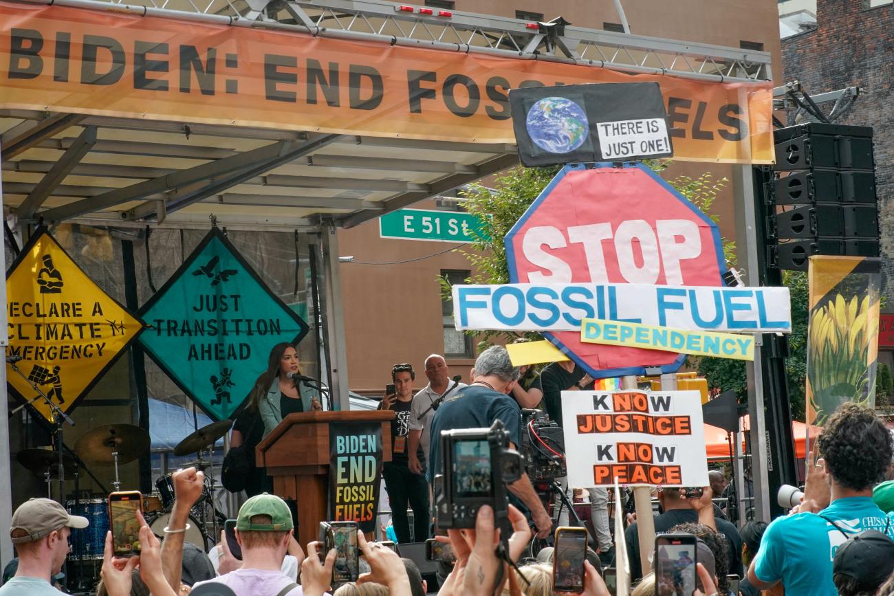 U.S. Representative Alexandria Ocasio-Cortez (D-NY) speaks to activists as they mark the start of Climate Week in New York during a demonstration calling for the U.S. government to take action on climate change and reject the use of fossil fuels in New York City, New York, U.S., September 17, 2023.