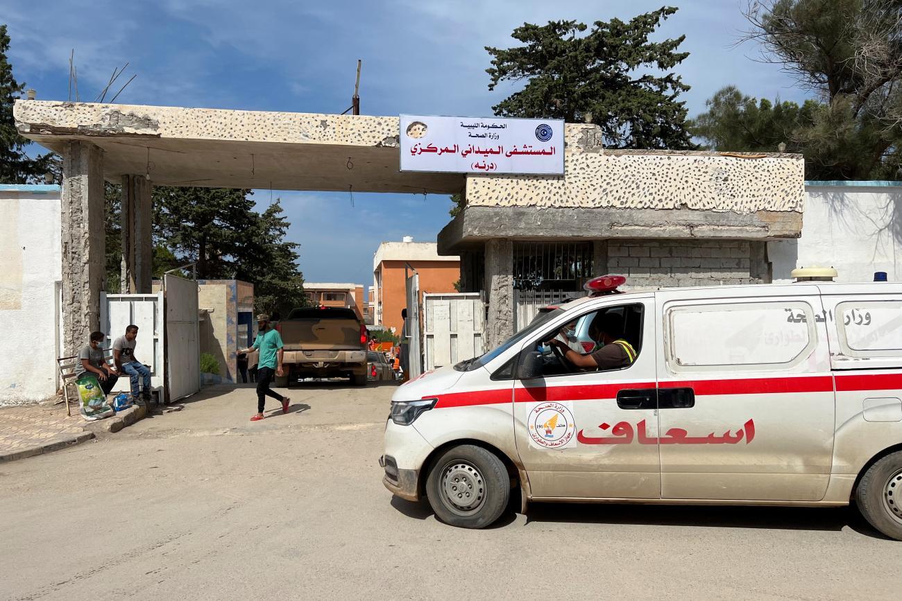 An ambulance arrives outside a hospital.