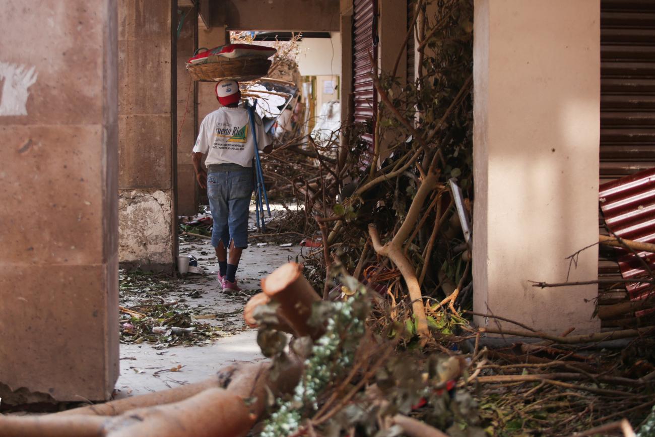 A person walks next to rubble and damaged trees in the aftermath of Hurricane Otis.