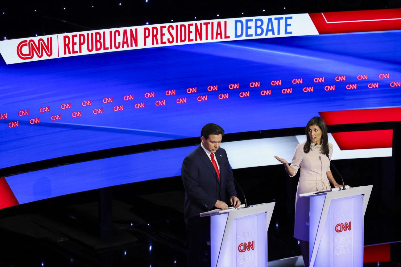 Ron DeSantis and Nikki Haley participate in the Republican presidential debate hosted by CNN at Drake University in Des Moines, Iowa.
