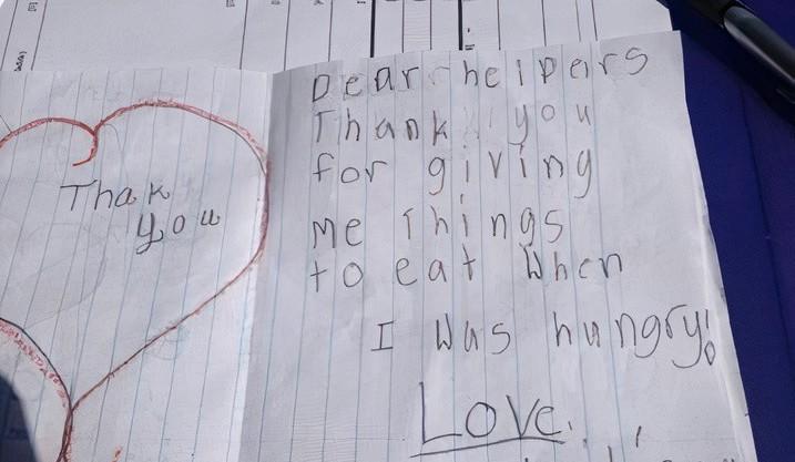 A thank you note written in 2013 by a free summer meals recipient expressing gratitude for the food assistance they received.