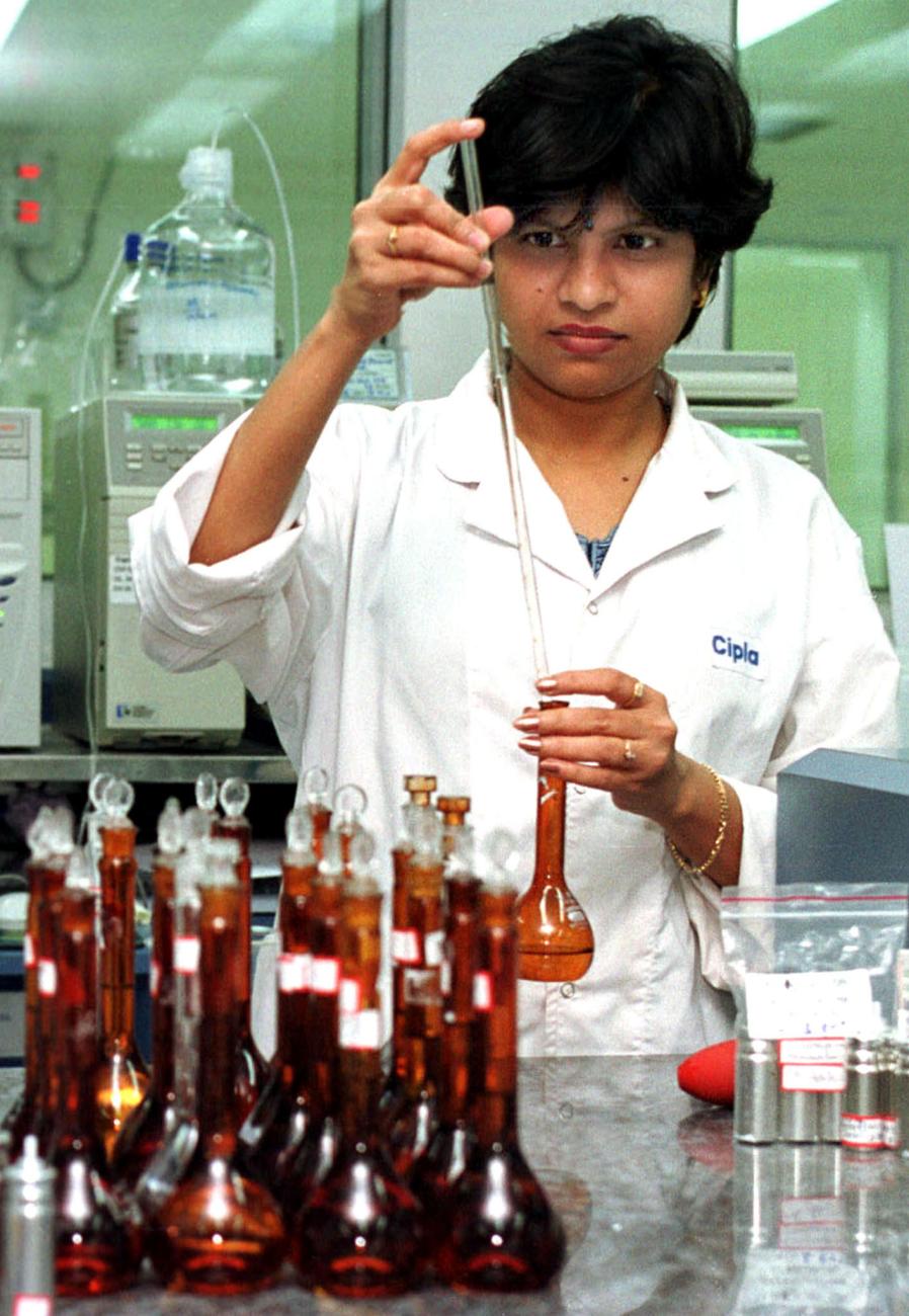 A pharmacist works in a laboratory in the Bombay branch of the Indian drug firm Cipla Ltd.