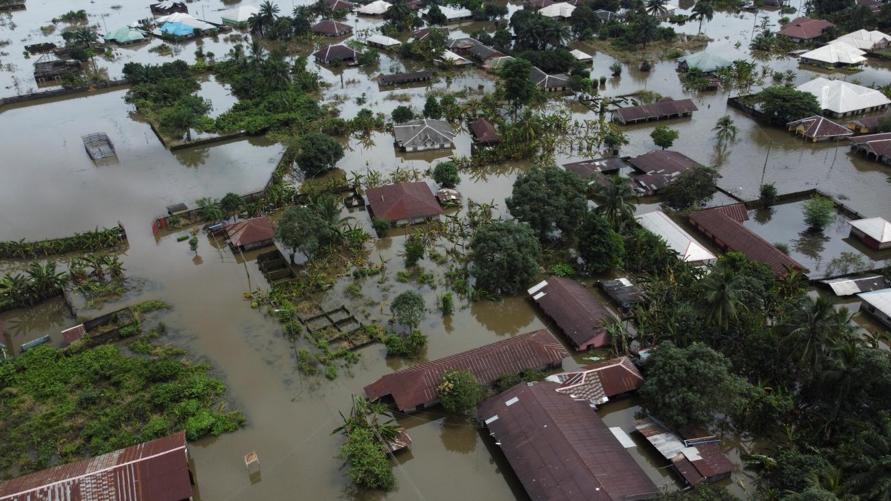 An aerial view of the flooded Obagi community in Ahoada.