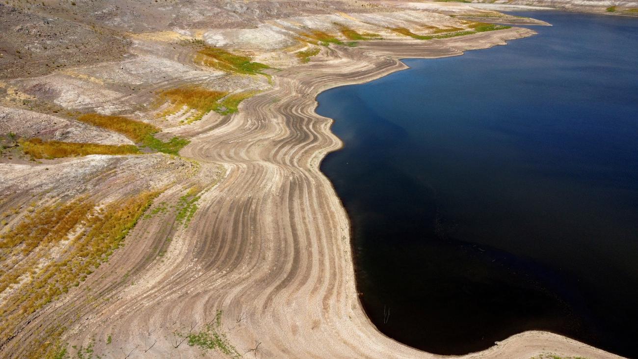 The Cogoti reservoir shows water recession, as water levels in the zone dropped to record lows ahead of World Water Day at La Ligua area, in Coquimbo, Chile, on March 14, 2024.