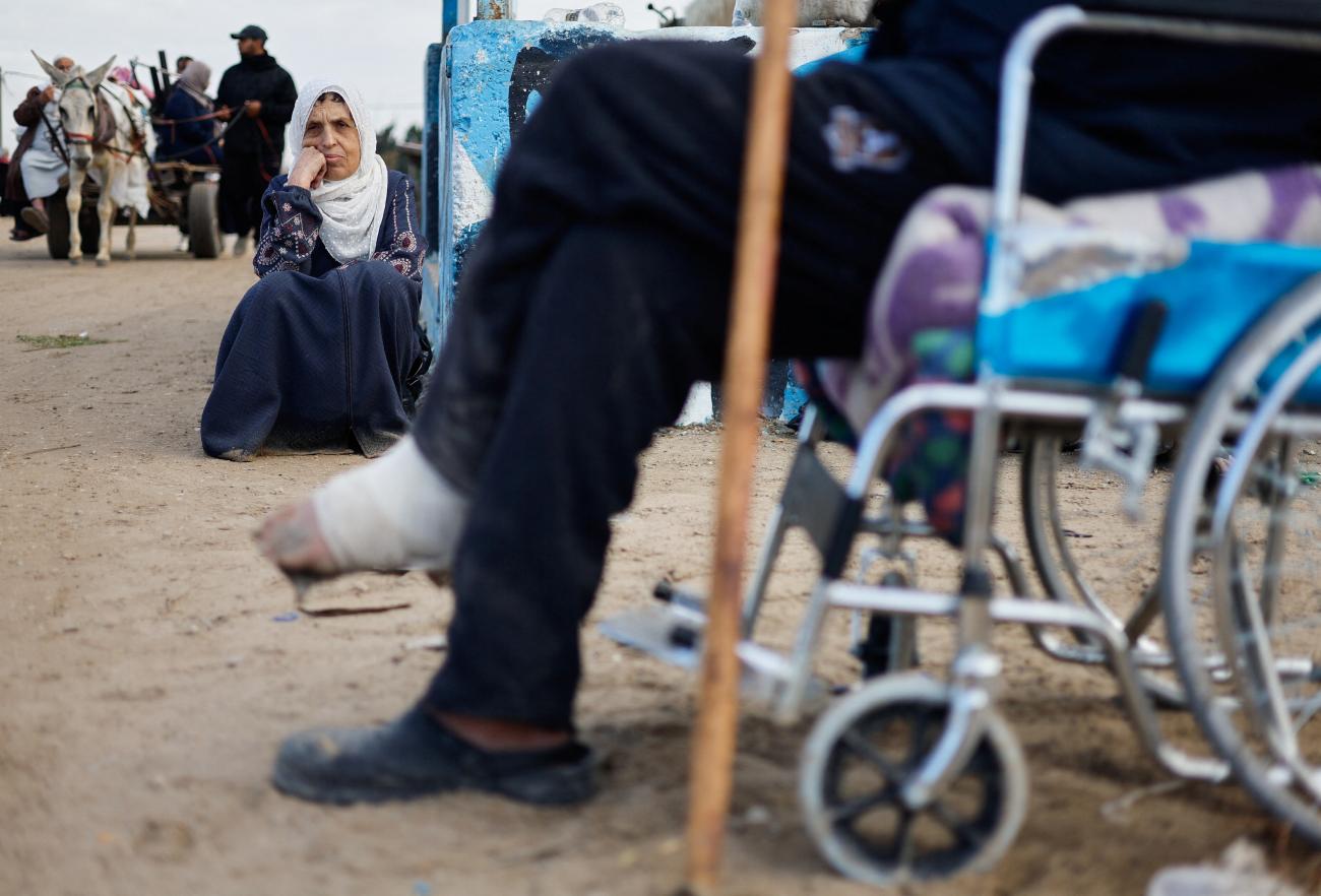 Palestinian patients rest as they arrive in Rafah after they were evacuated from Nasser hospital in Khan Younis due to the Israeli ground operation.