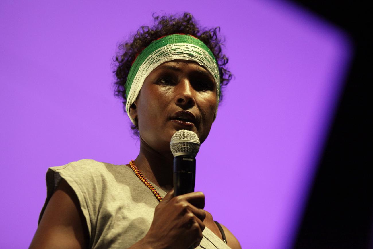 Human rights activist and FGM survivor Waris Dirie from Somalia delivers a speech as part of the World Meeting of Human Values and Culture of Lawfulness, in Monterrey, Mexico, on October 26, 2012.