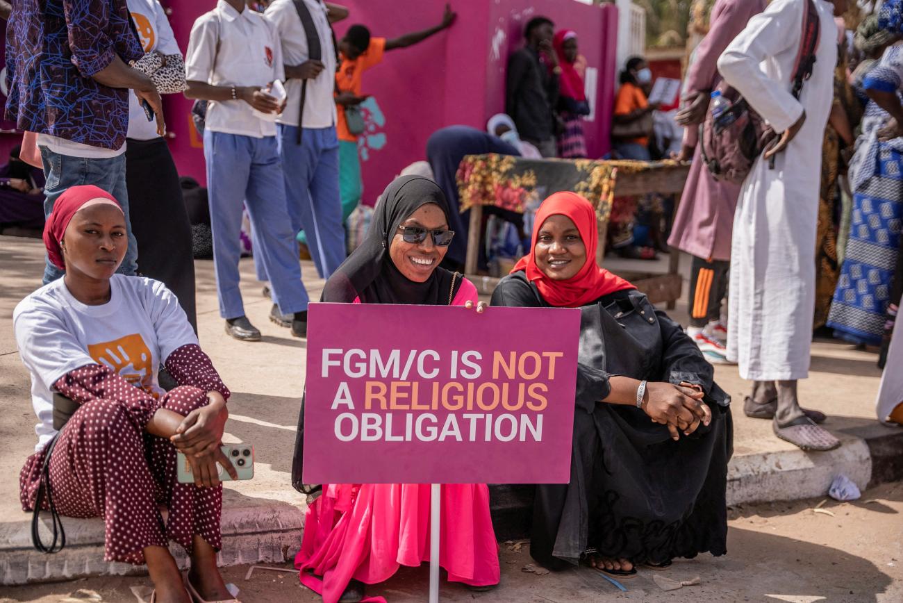 Gambians protest against a bill aimed at decriminalizing female genital mutilation as parliament debates the bill in Banjul, Gambia March, 18, 2024.