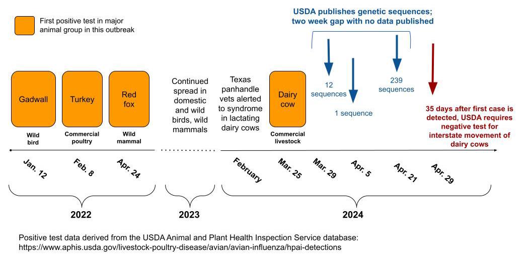 Timeline of United States H5N1 detections in animals and publication of genetic sequence data by USDA.