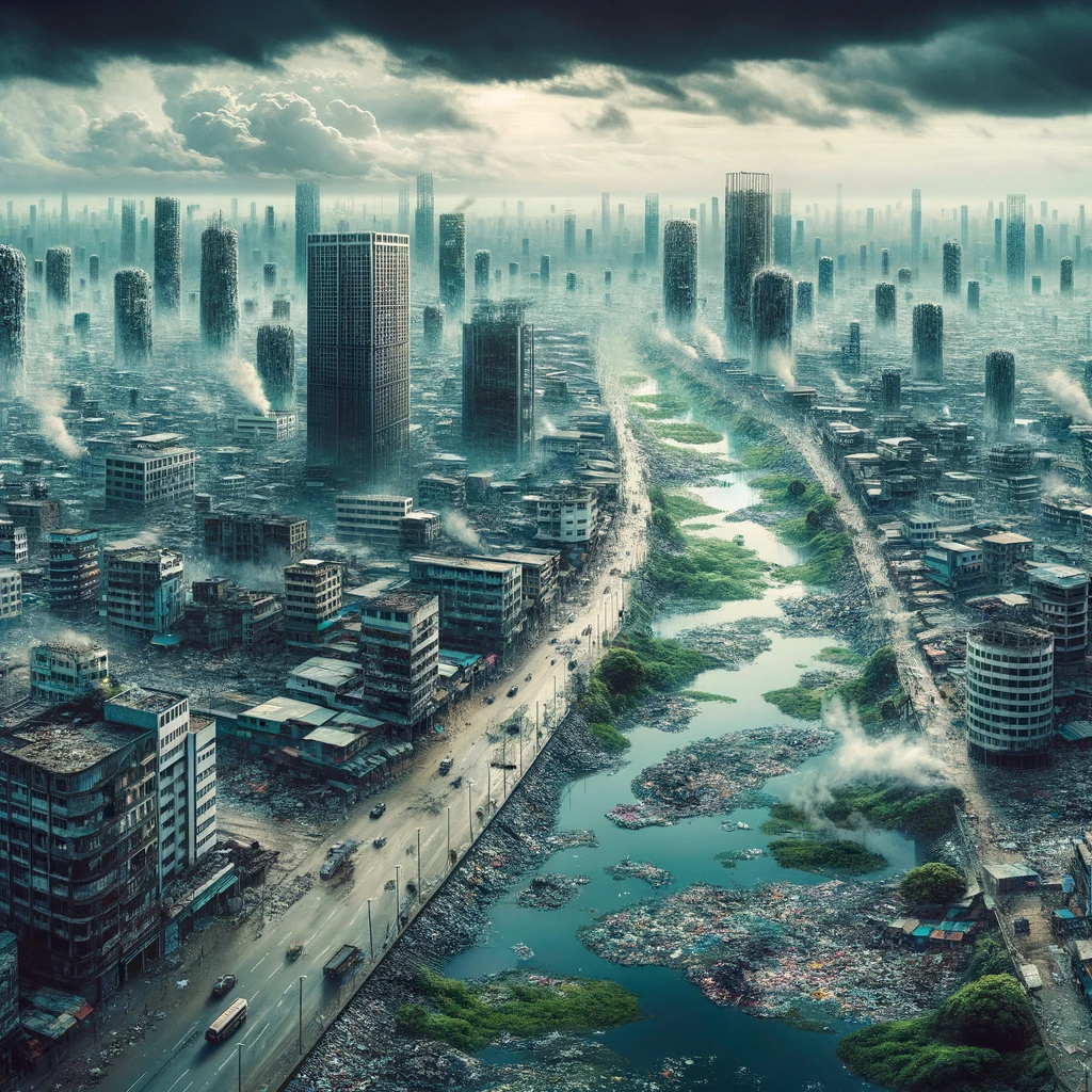This image presents a dystopian view of Monrovia, Liberia if environmental destruction continues unchecked.