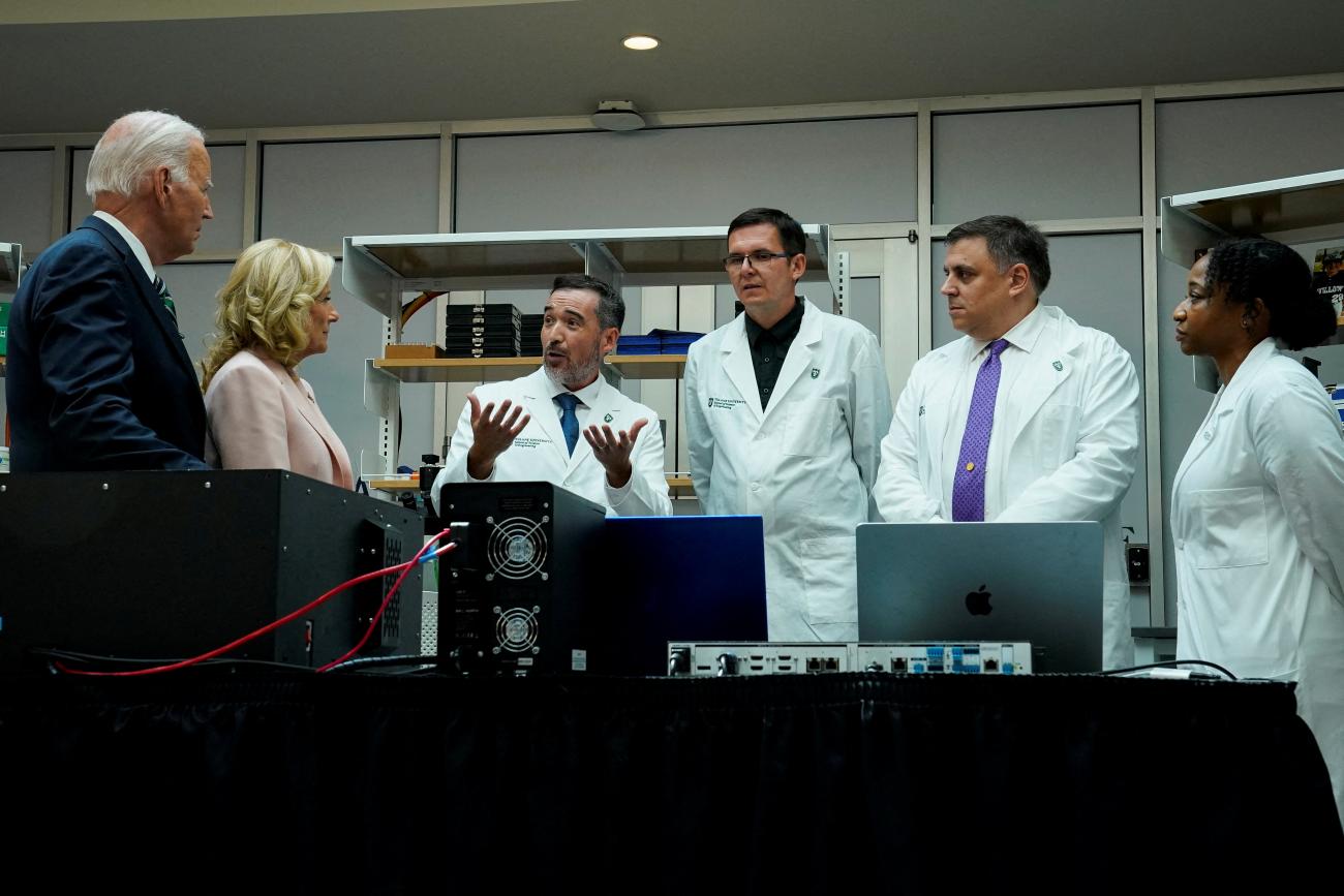 President Joe Biden and first lady Jill Biden participate in a tour related to the "Cancer Moonshot" initiative during an event at Tulane University.