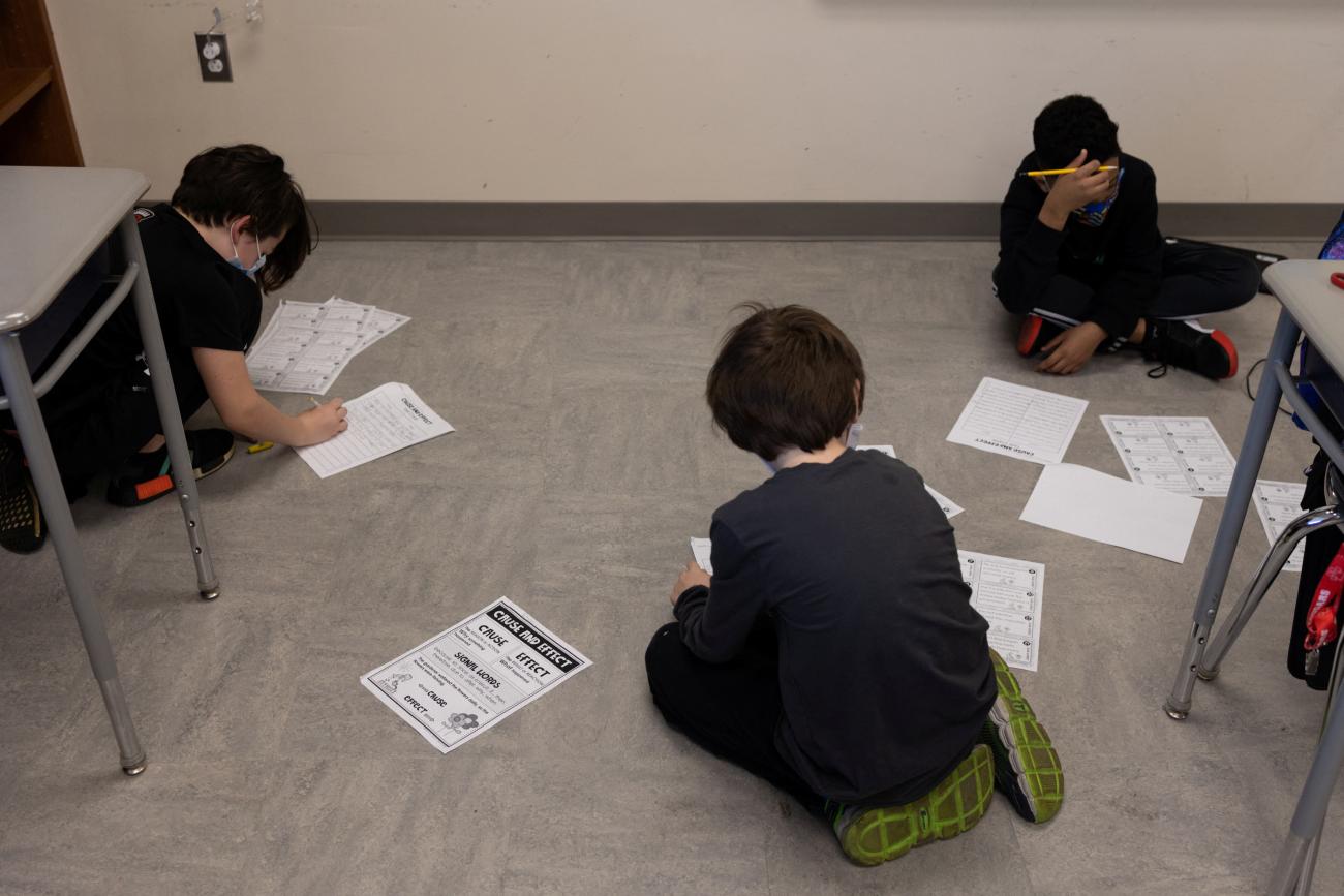 Samantha Wiik's fourth grade class does an activity at Kratzer Elementary School in Allentown, Pennsylvania, April 13, 2021.