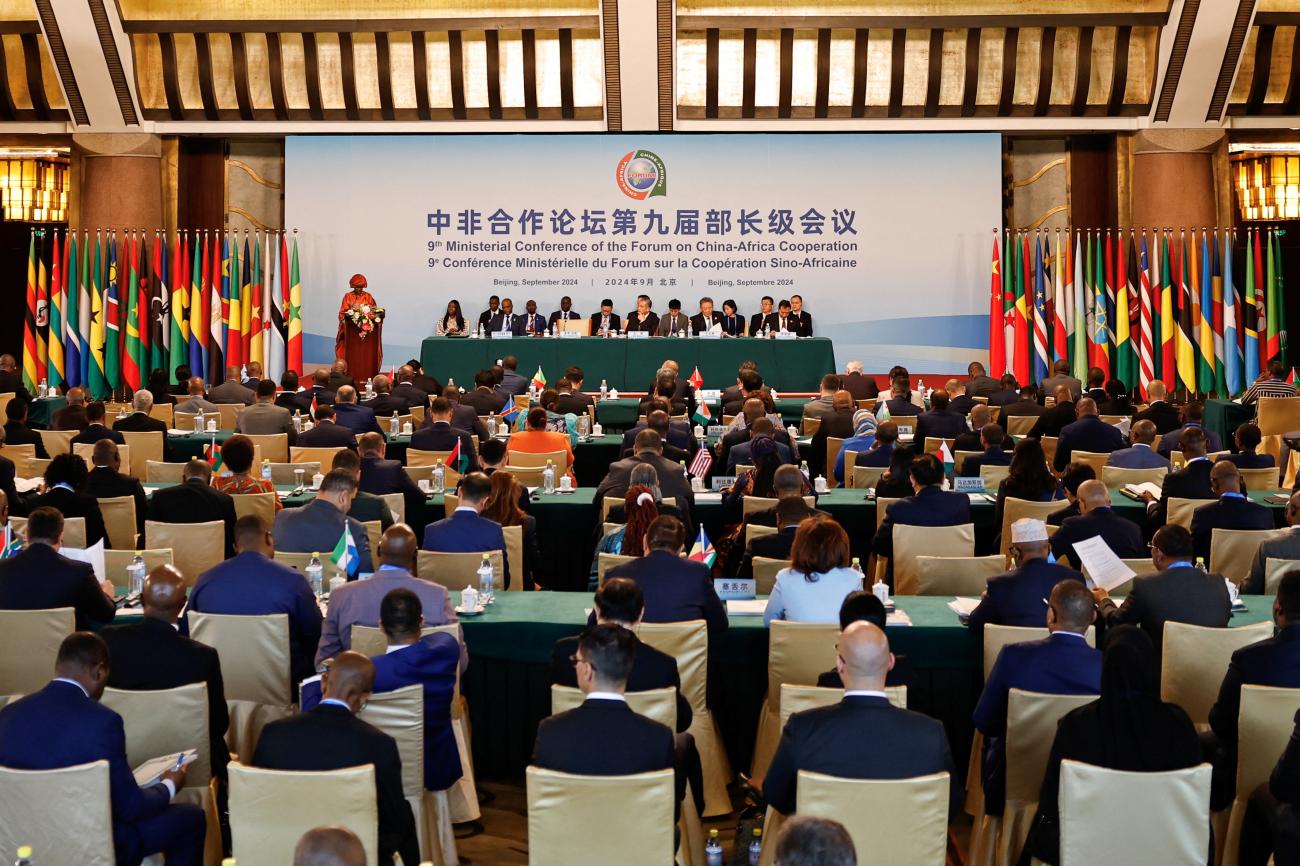Senegal's Foreign Minister Yassine Fall delivers a speech at the ministerial conference of the 2024 Summit of the Forum on China-Africa Cooperation.