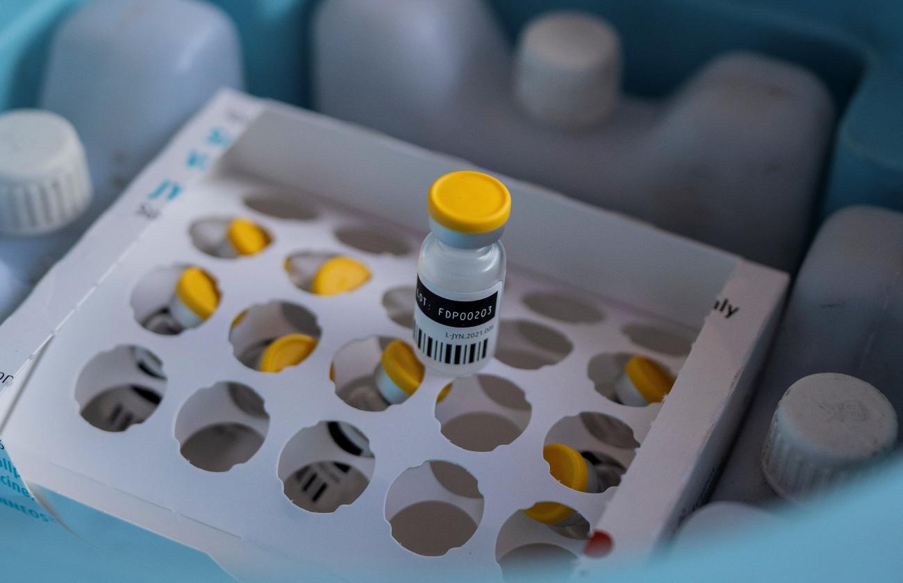 Mpox vaccine bottles are seen in a package as Congolese health officials prepare to administer vaccinations at a hospital.