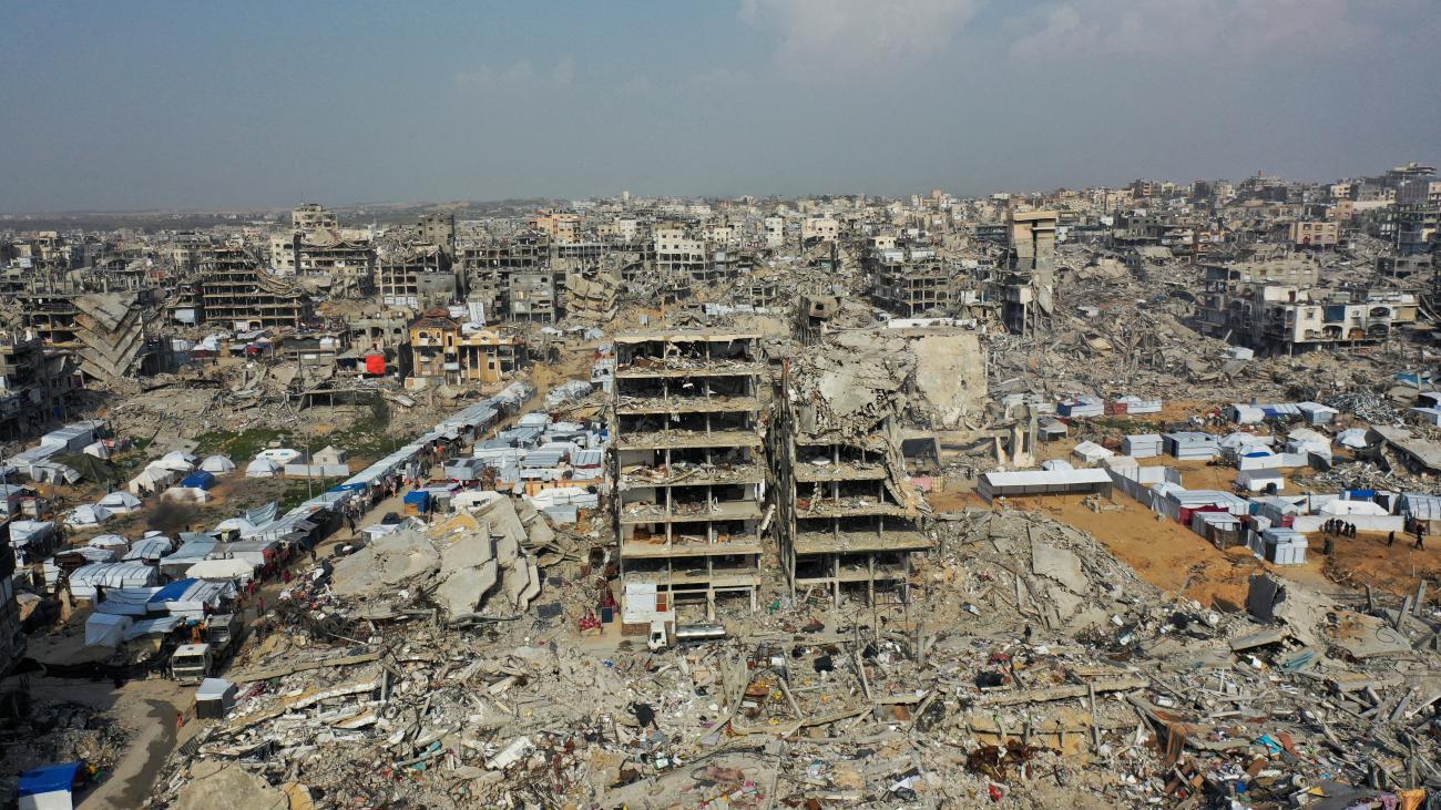 A drone view shows destroyed houses, amid a ceasefire between Israel and Hamas, in Beit Hanoun, in the northern Gaza Strip, on March 5, 2025. 