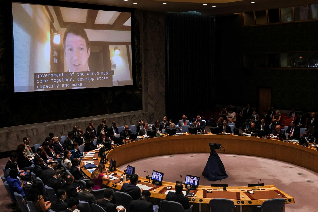 Jack Clark, co-founder of Anthropic and an expert member of the Global Partnership on Artificial Intelligence, addresses the U.N. Security Council, in New York City, on July 18, 2023.