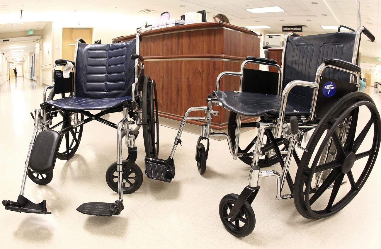 A regular sized wheelchair (L) is pictured alongside an oversized one in the children's and women's maternity ward at the University of Alabama Hospital, in Birmingham, Alabama, on April 26, 2012. 