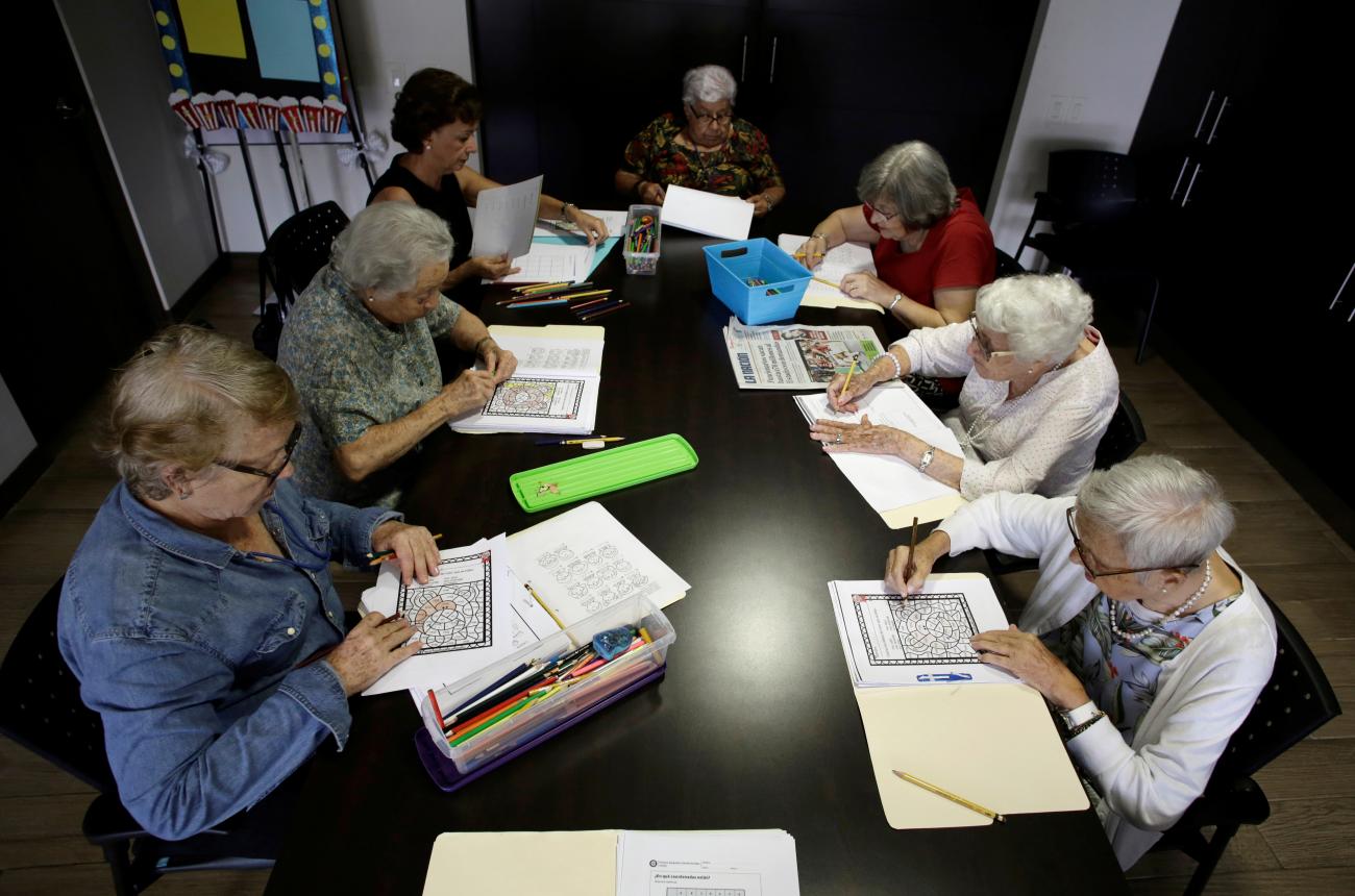 Elderly women take part in a mental therapy class, in San Jose, Costa Rica, on October 15, 2018.