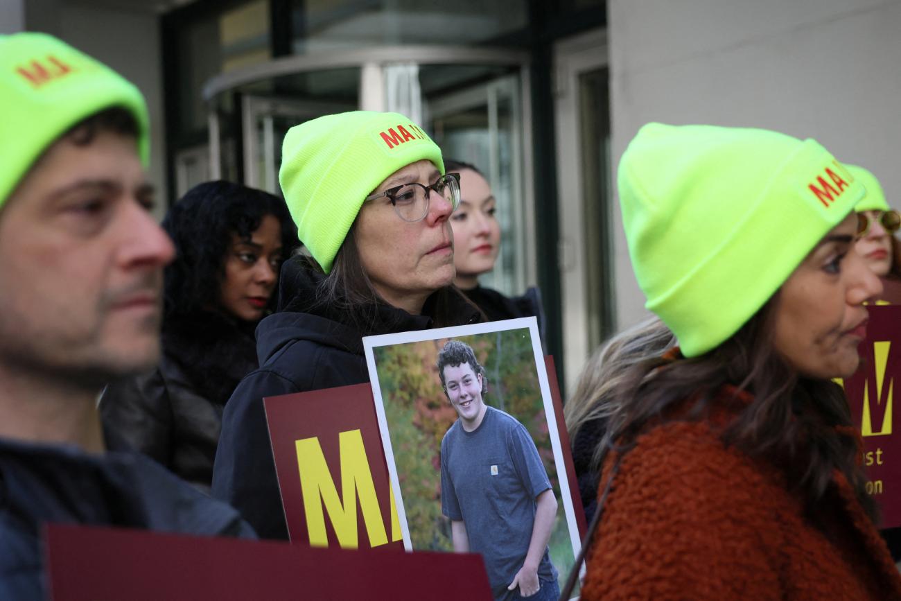 Mary Rodee, whose 15-year-old son Riley died by suicide after falling victim to online bullying on Facebook, attends a Mothers Against Media Addiction protest, in New York City, on March 22, 2024. 