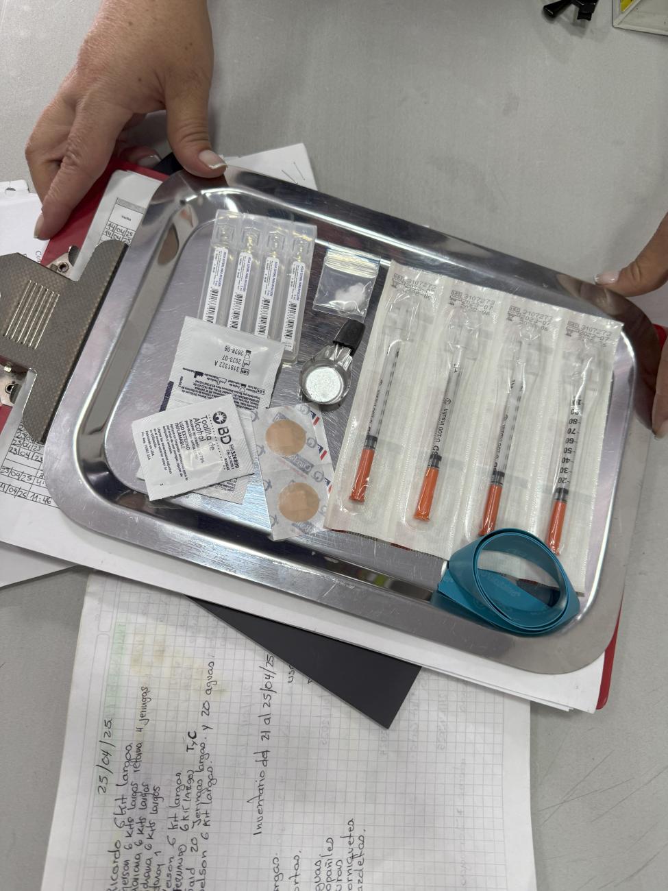A tray with safe injection supplies at Cambie in Bogota, Colombia. April 2025.