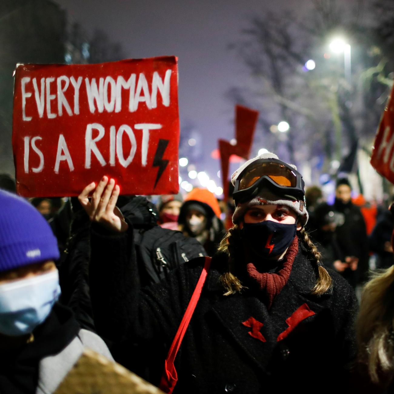 A demonstrator holds a placard during a protest against the verdict restricting abortion rights in Warsaw, Poland, January 28, 2021.