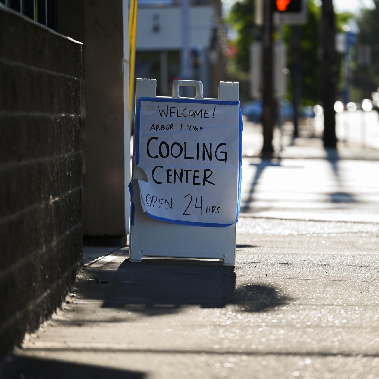 A sign sits outside of a cooling shelter during a heat wave in Portland, Oregon, U.S., August 11, 2021.