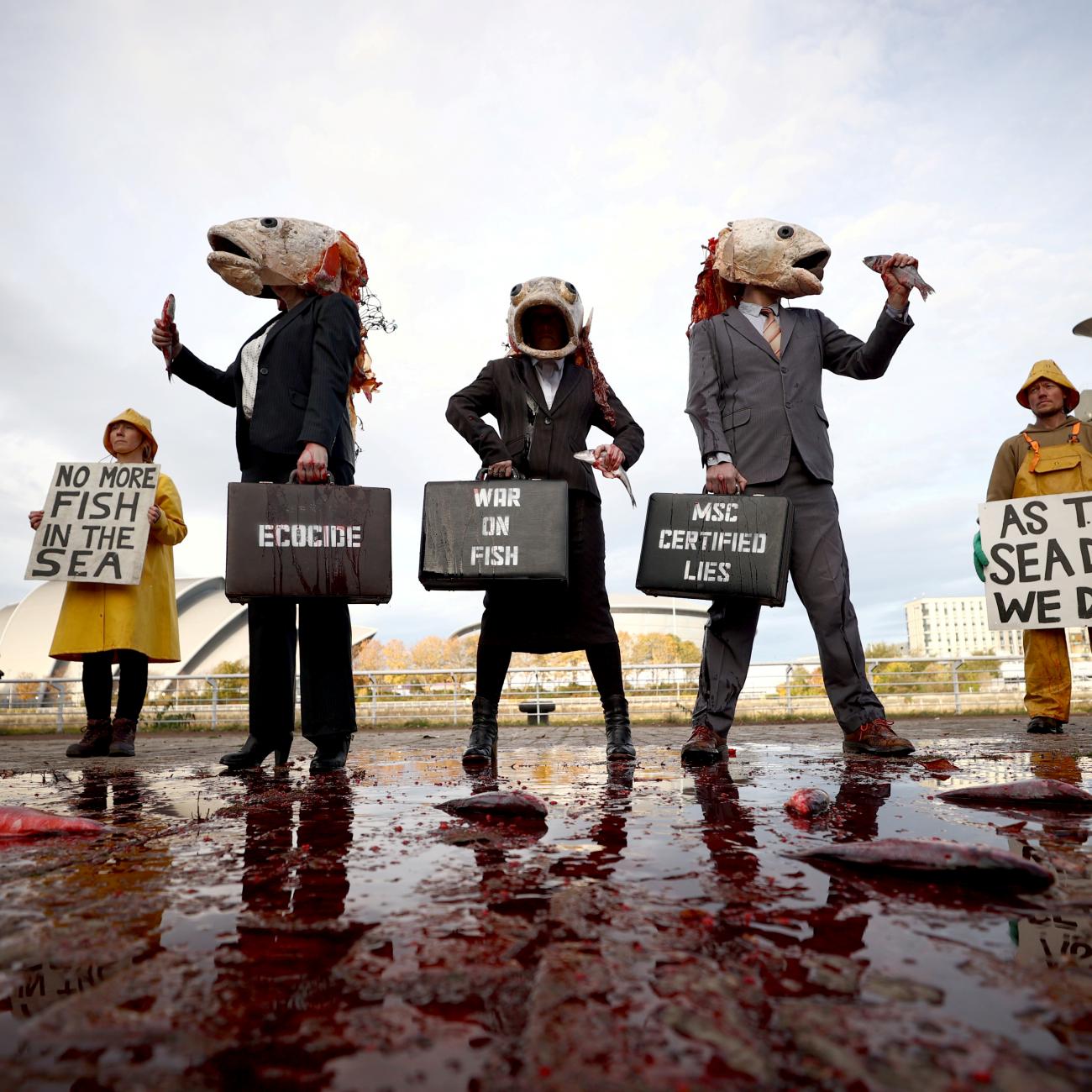 Ocean Rebellion activists protest against destructive industrial fishing during the UN Climate Change Conference (COP26), in Glasgow, Scotland, United Kingdom, on November 4, 2021. 