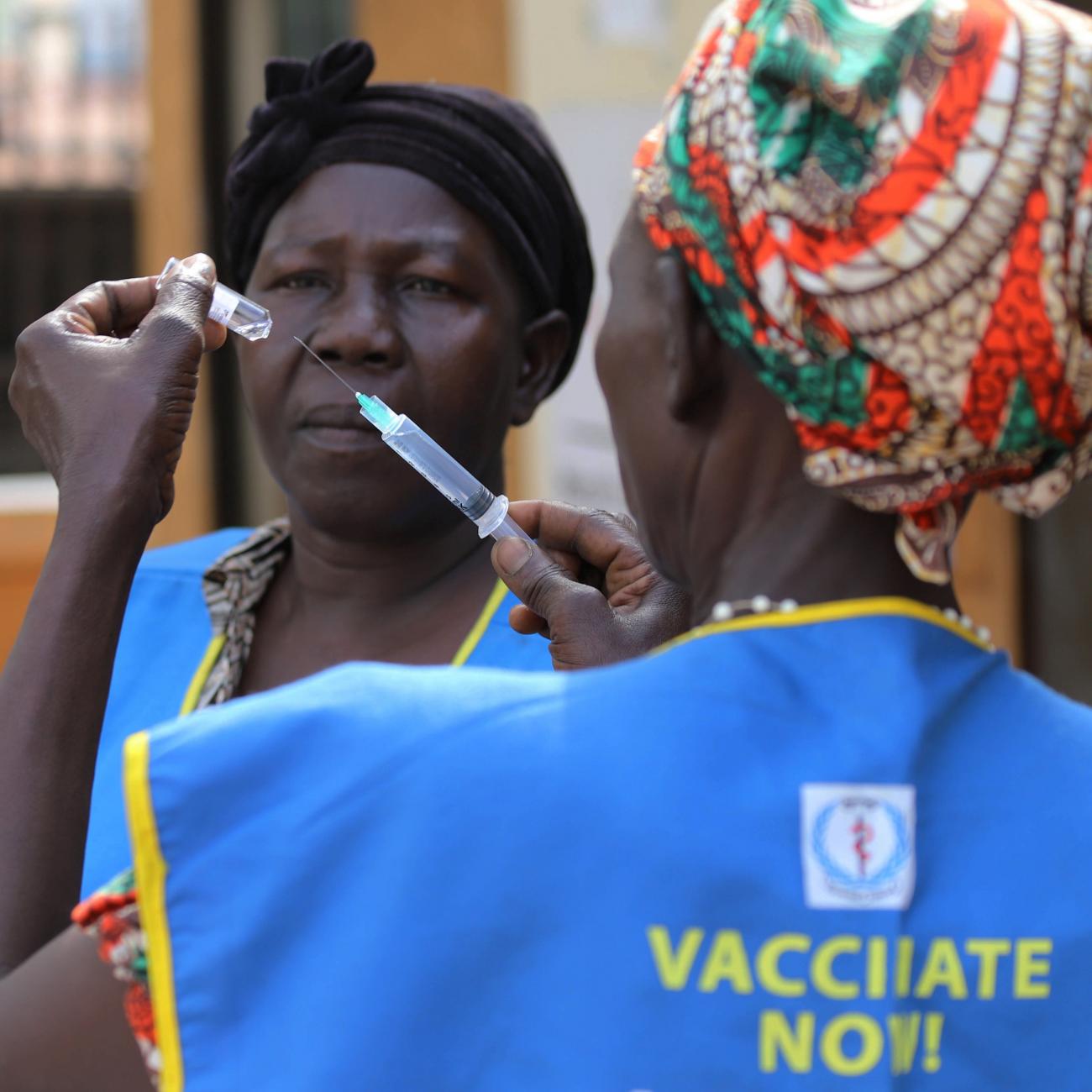 South Sudanese health workers prepare to administer vaccines during a campaign in Juba, South Sudan, on February 4, 2020.