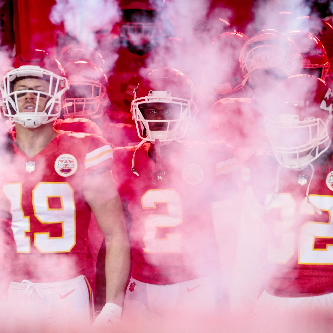 The Kansas City Chiefs come out of the tunnel for the game against the Pittsburgh Steelers at GEHA Field at Arrowhead Stadium, in Kansas City, Missouri, on December 26, 2021. 