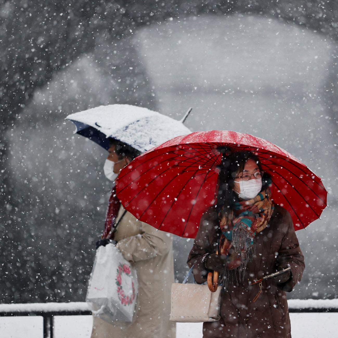 People wearing protective face masks visit the snow-covered Imperial Palace, amid the coronavirus disease (COVID-19) pandemic, in Tokyo, Japan January 6, 2022. REUTERS/Issei Kato