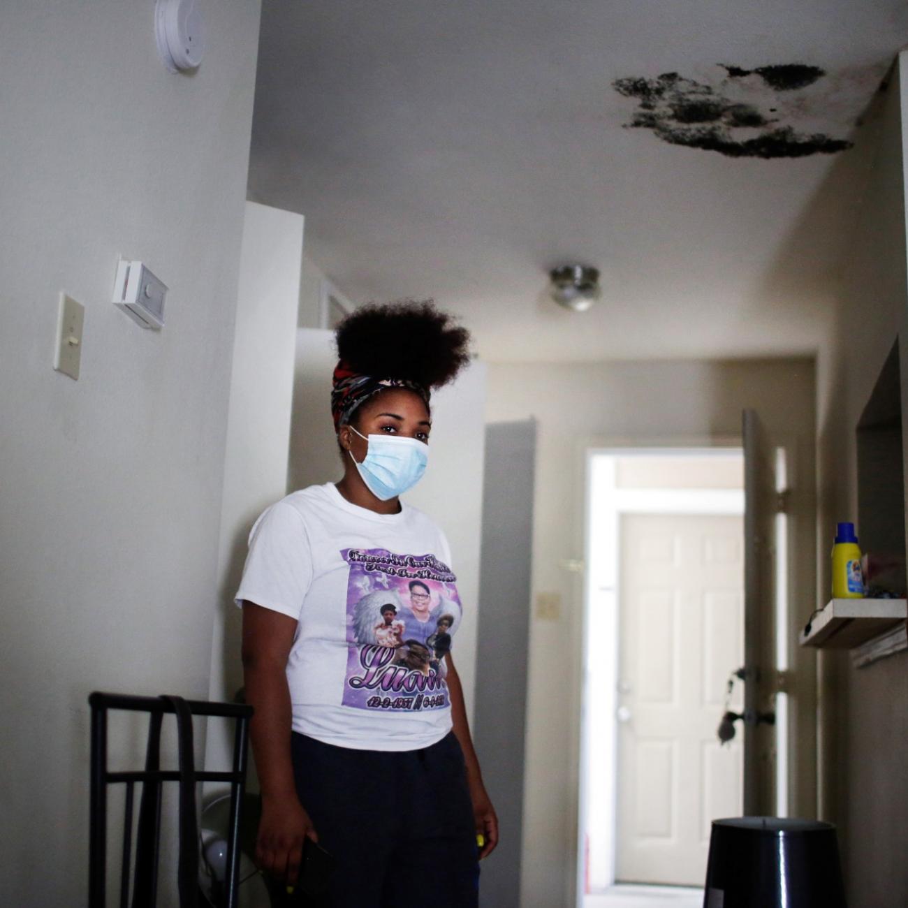 Black mold covers the ceiling of a home in New Orleans, Louisiana. The landlord moved the tenant from her apartment into another one in the same complex with similar issues.